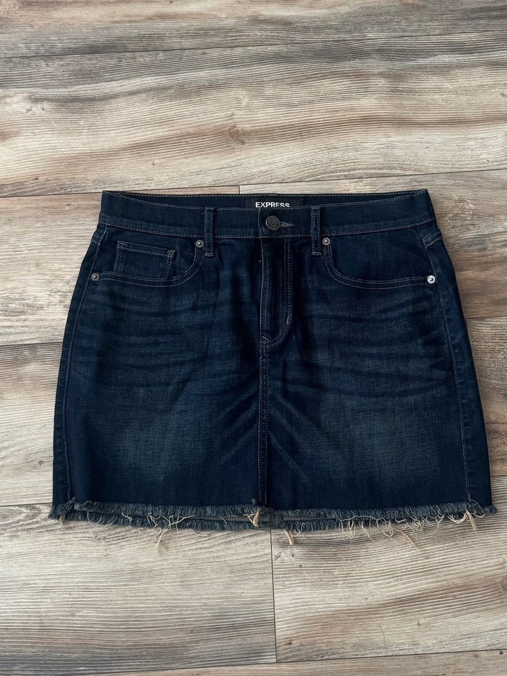 Express Denim Dark Wash Mini Skirt Size 8 Raw Hem
